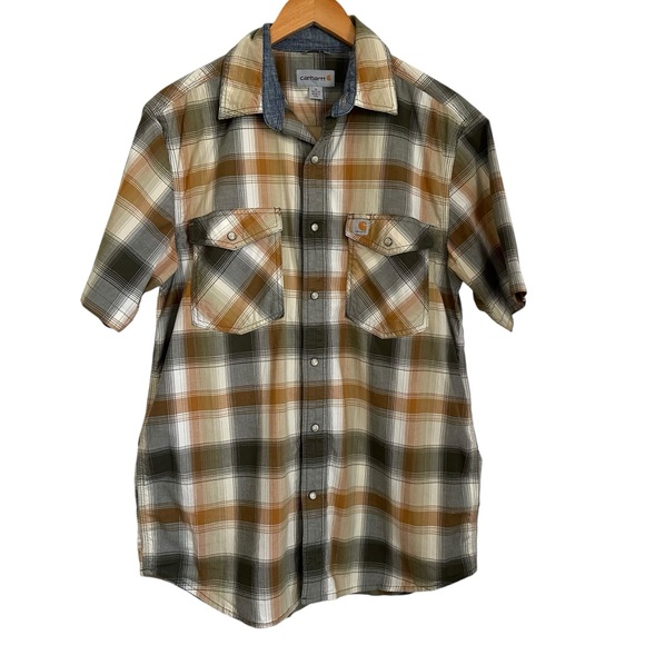 Carhartt Mens Plaid Pearl Snap Short Sleeve Button Up Shirt Sz Medium Tan Gray - Picture 1 of 6